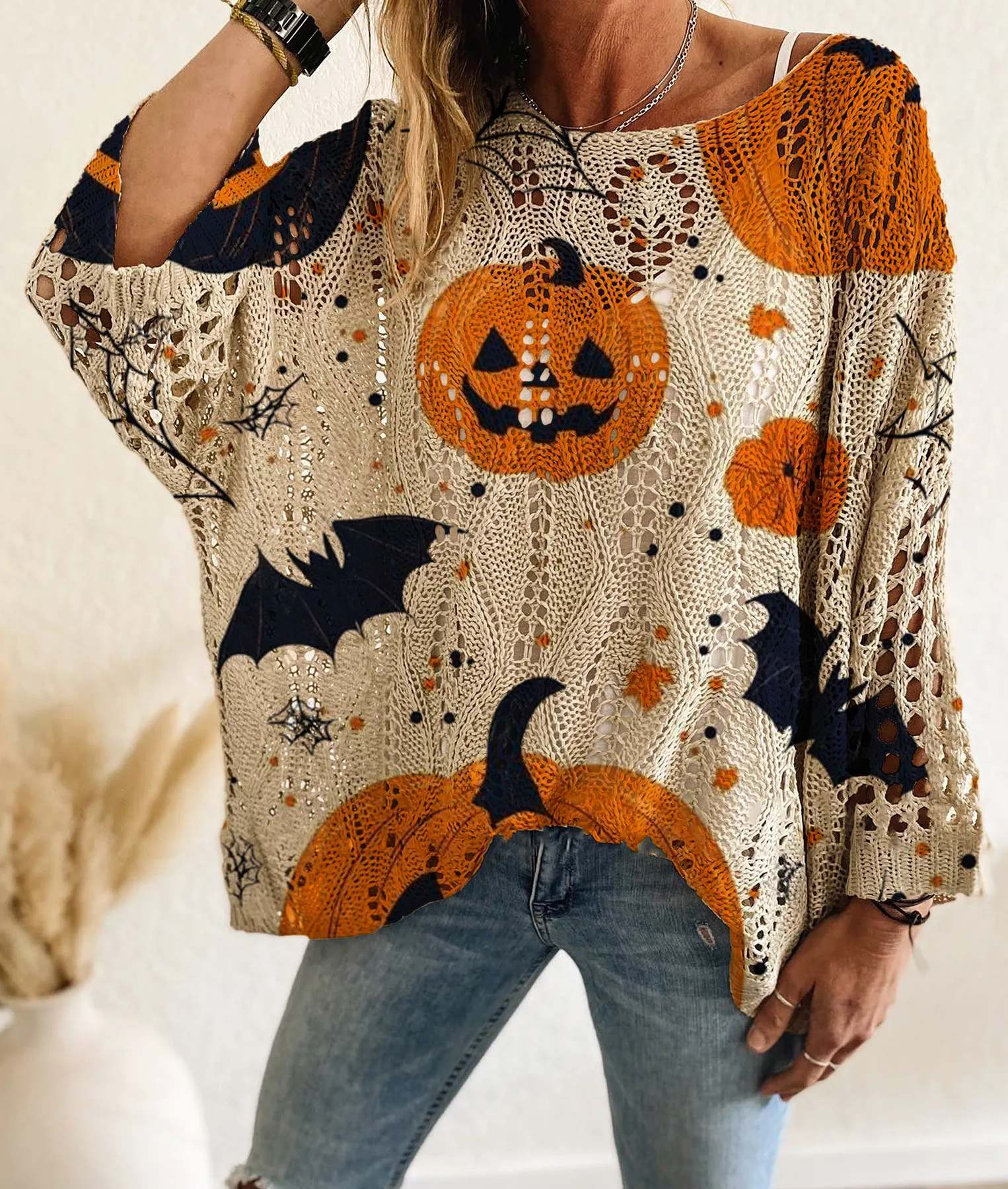 Women's Halloween One-Shoulder Diamond Hollow Bat Pumpkin Print Long Sleeve Top