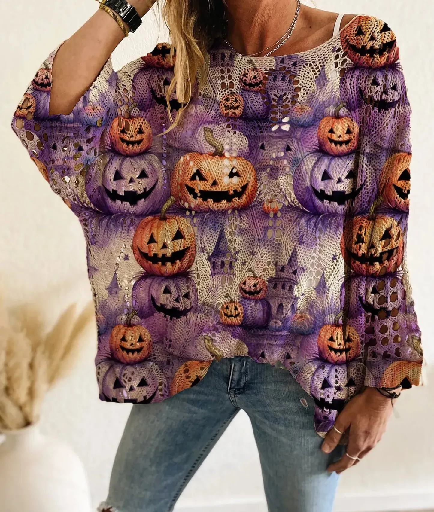Women's Halloween One-Shoulder Diamond Hollow Bat Pumpkin Print Long Sleeve Top