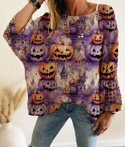 Women's Halloween One-Shoulder Diamond Hollow Bat Pumpkin Print Long Sleeve Top
