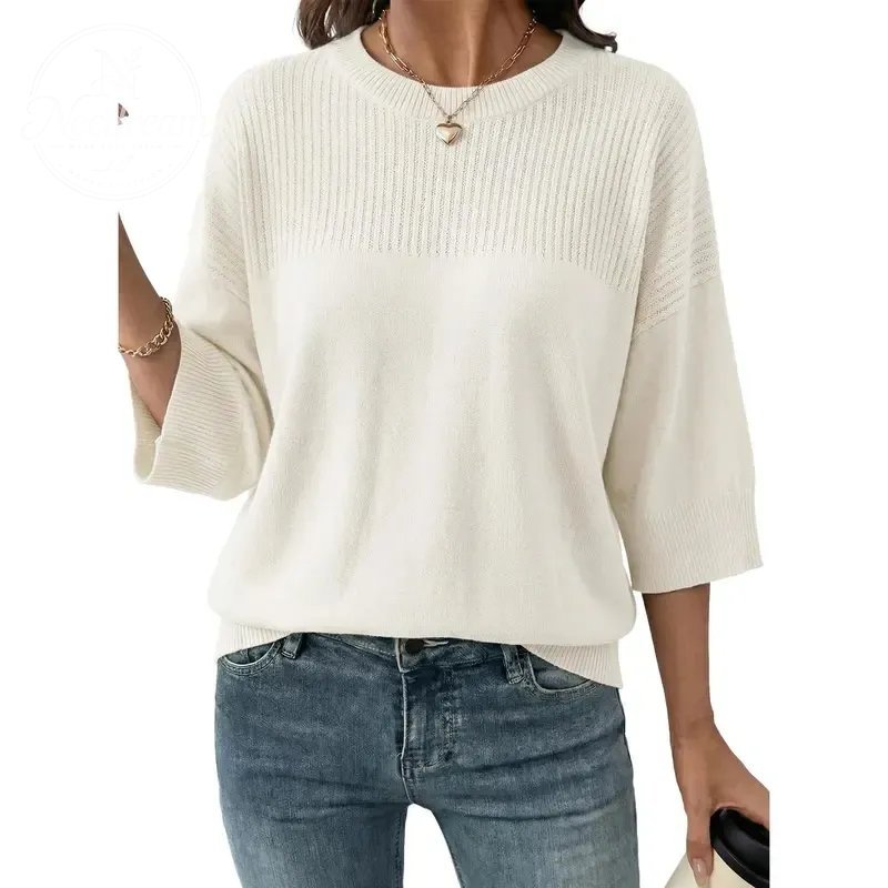 Women's Elegant Crew Neck Eyelet Ribbed Knitwear