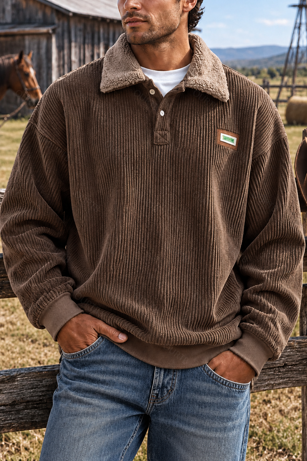 Vintage Corduroy Polo Collar Sweater Couple Autumn and Winter Style Long Sleeve Clothes