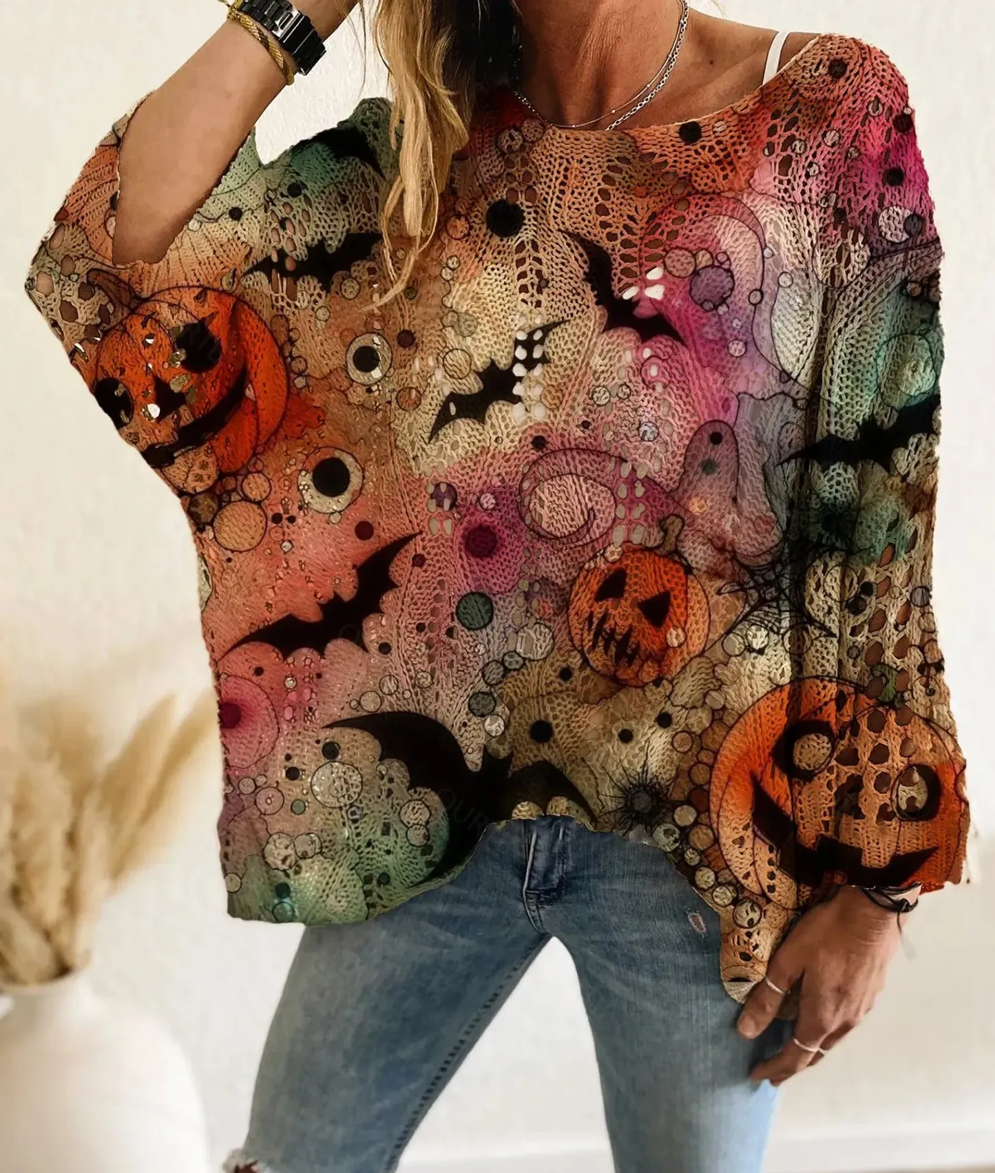 Women's Halloween One-Shoulder Diamond Hollow Bat Pumpkin Print Long Sleeve Top