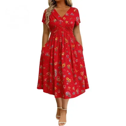 Women's V-Neck Floral Print Dress with Twist Waist