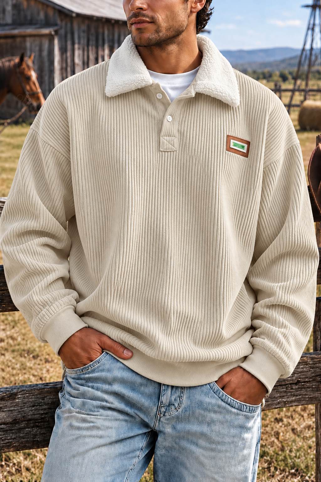 Vintage Corduroy Polo Collar Sweater Couple Autumn and Winter Style Long Sleeve Clothes