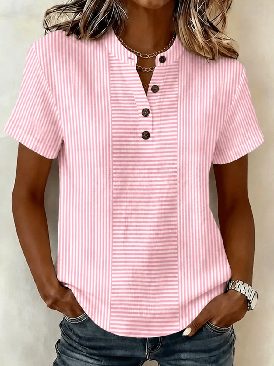 Women's Blouse Graphic Geometric Elegant Vacation Vintage Short Sleeve Henry Collar Long Tops