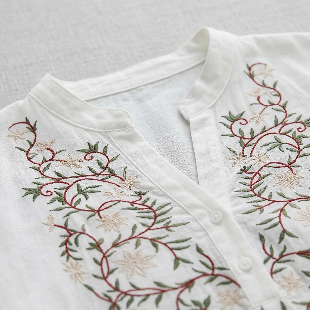 Women's Embroidered Blouse Floral Stylish Casual 3_4 Length Sleeve V Neck Long Tops