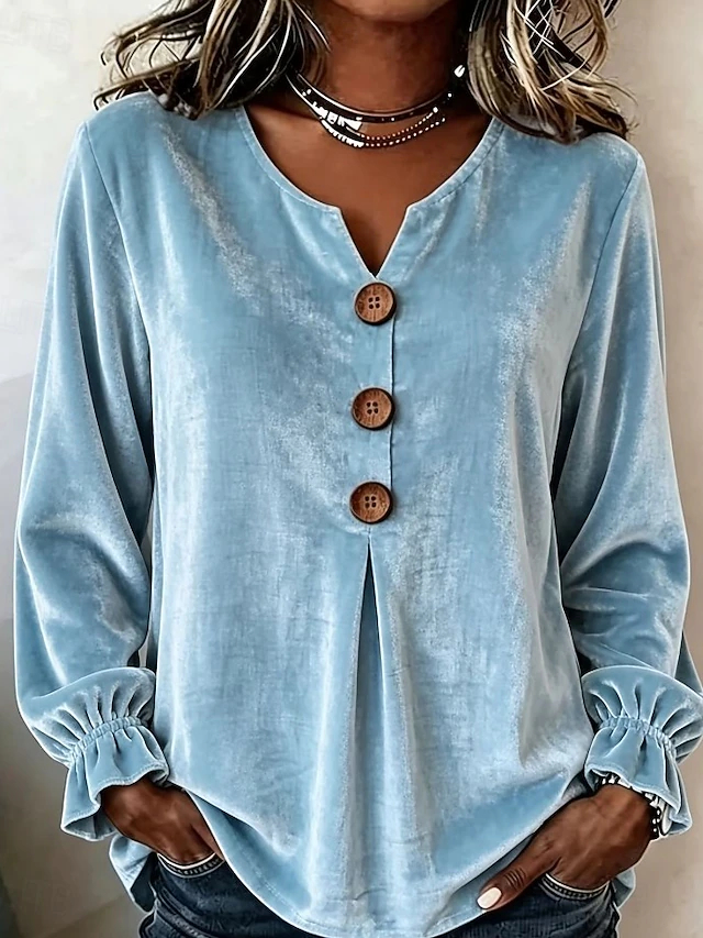 Women's Shirt Velvet Solid Color Plain Elegant Bohemia Vacation Long Sleeve V Neck Long Tops