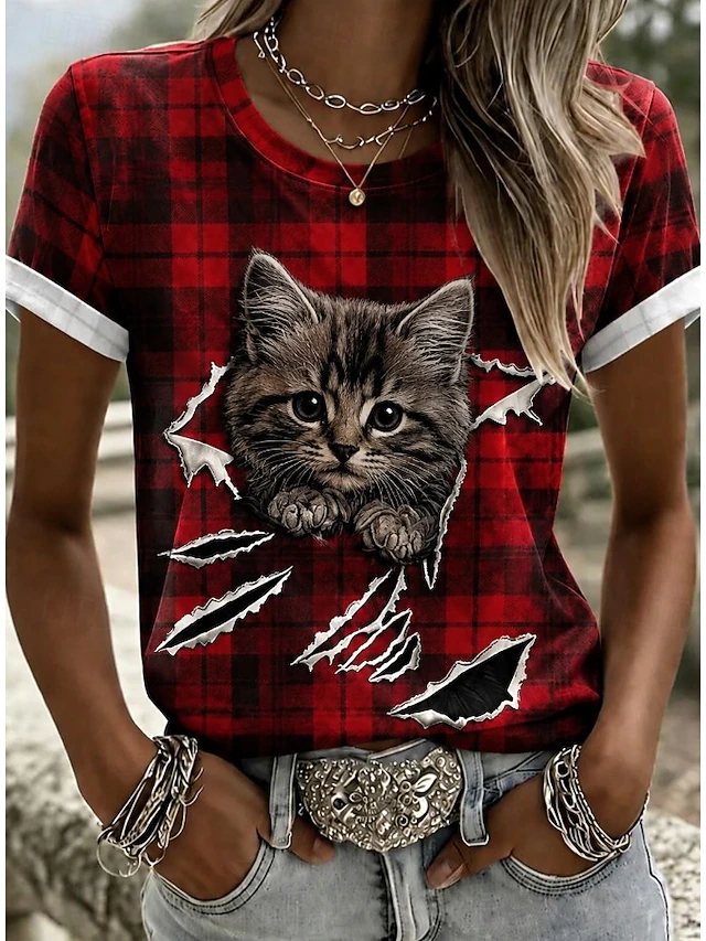 Women's T Shirt Color Block Print Graphic Animal Cat Vintage Stylish Classic Short Sleeve Crew Neck T-shirt