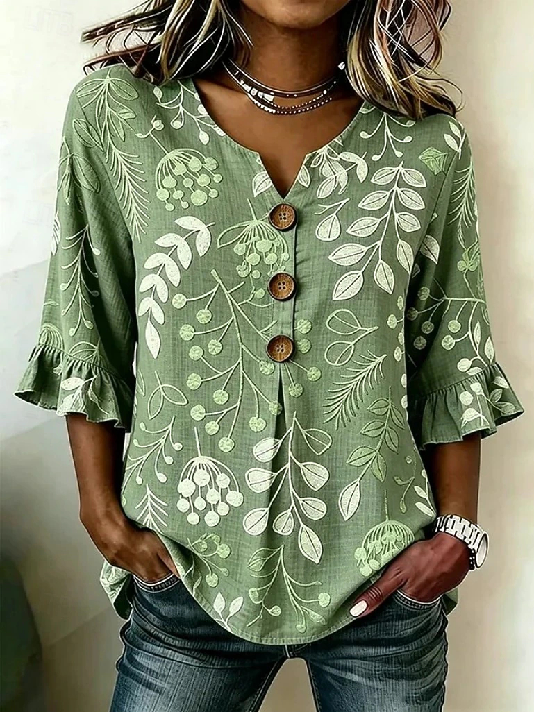 Women's Casual Shirt Summer Tops Blouse Buttons Ombre Floral Graphic Top
