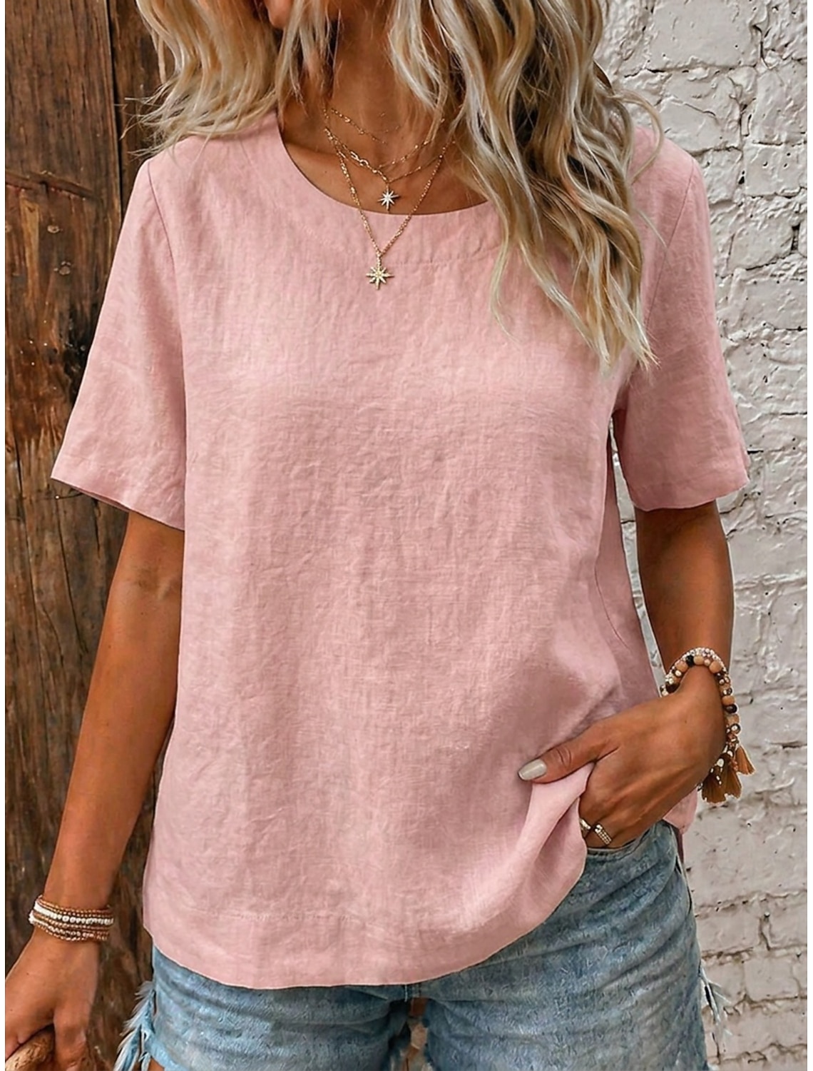 Women's Linen Shirt Summer Shirt Pullover Vintage Short Sleeve Crew Neck Blouse