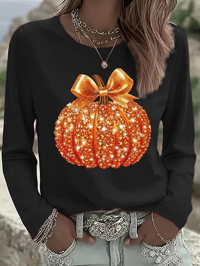 Halloween Women's T shirt Pumpkin Graphic Skull Vintage  Long Sleeve T-shirt