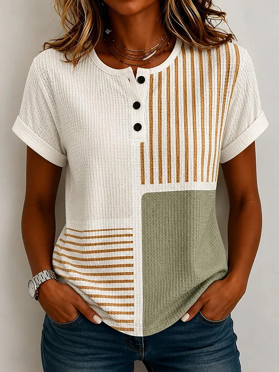 Women's T Shirt Color Block Print Graphic Geometric Plaid Vintage Stylish Classic Short Sleeve T-shirt