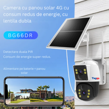 Camera de supraveghere cu incarcare solara. 4G. cu  Lentila Dubla. Baterie 10.000mAh. Consum redus de energie. Rezistanta la apa IP65