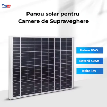 Panou solar 80W cu acumulatori inclusi de 40Ah. pentru camere de supraveghere. iesire 12V
