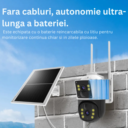 Camera de supraveghere cu incarcare solara. 4G. cu  Lentila Dubla. Baterie 10.000mAh. Consum redus de energie. Rezistanta la apa IP65