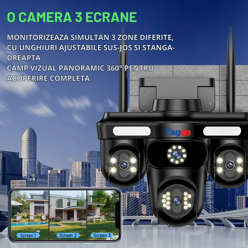 Camera de Supraveghere Crocodil. Conexiune 4G. 3 Lentile. 12 MP. Vedere Panoramica. Night vision