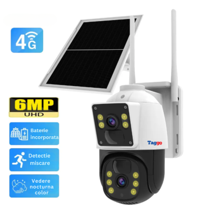 Camera de supraveghere cu incarcare solara. 4G. cu  Lentila Dubla. Baterie 10.000mAh. Consum redus de energie. Rezistanta la apa IP65