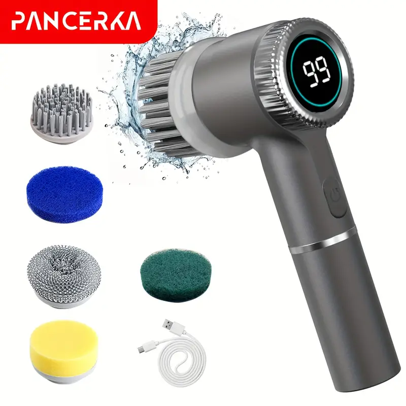   1 set electric spin scrubber featuring 5 interchangeable brush heads type c power cord a handheld rechargeable shower scrubber with three speed settings suitable for cleaning bathrooms kitchens bathtubs tiles and showers details 0