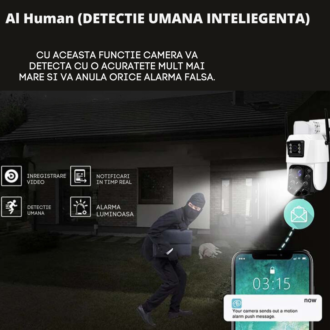 Camera de supraveghere WIFI 4K. 100X. 2 lentile. Control din aplicatie. Detectie umana. Rezistenta la apa IP66