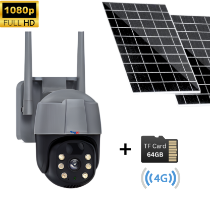 Camera de Supraveghere Solara 4G Cartela SIM 5 MP. Zoom 10X. Full HD 1080p. Panou Solar Dublu 20W. Rezistenta La Apa IP 66. Gri. Card 64GB