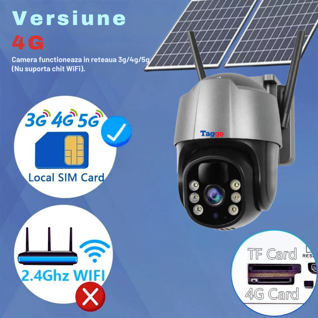 Camera de Supraveghere Solara 4G Cartela SIM 5 MP. Zoom 10X. Full HD 1080p. Panou Solar Dublu 20W. Rezistenta La Apa IP 66. Gri. Card 64GB
