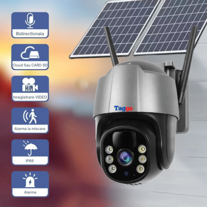Camera de Supraveghere Solara 4G Cartela SIM 5 MP. Zoom 10X. Full HD 1080p. Panou Solar Dublu 20W. Rezistenta La Apa IP 66. Gri. Card 64GB