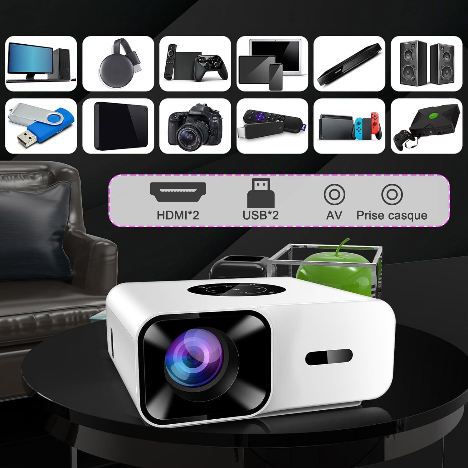 SEMNARE SUCCES Mini Beamer 4K-Unterstützung, 2024 Neuer Full HD 1080P Projektor mit 20000 Lumen, Bluetooth und WiFi, Tragbarer Heimkino Beamer für Smartphone/TV Stick/PS5, HDMI/USB/AV, kompatibel mit iOS/Android