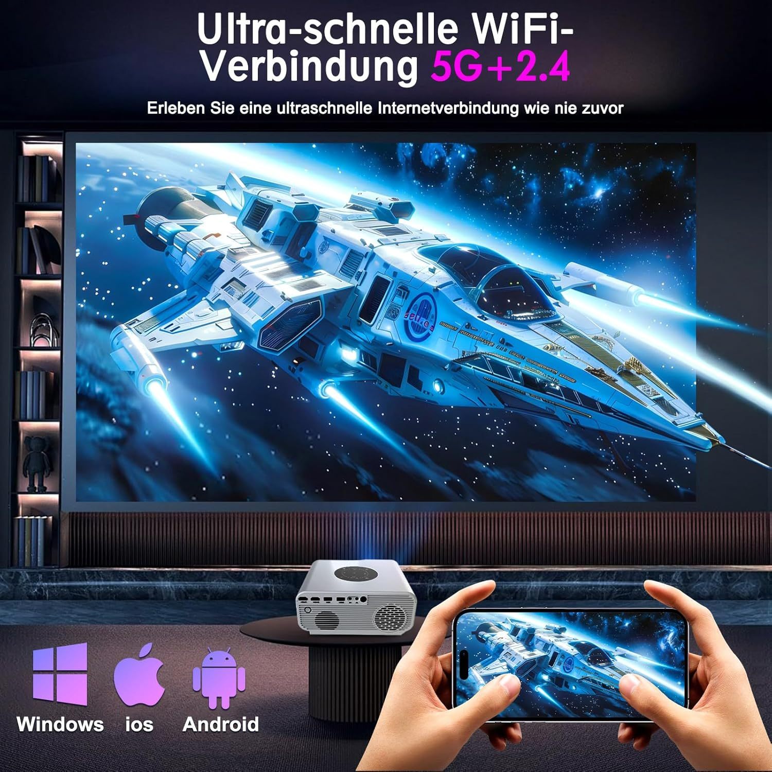 SEMNARE SUCCES Mini Beamer 4K-Unterstützung, 2024 Neuer Full HD 1080P Projektor mit 20000 Lumen, Bluetooth und WiFi, Tragbarer Heimkino Beamer für Smartphone/TV Stick/PS5, HDMI/USB/AV, kompatibel mit iOS/Android