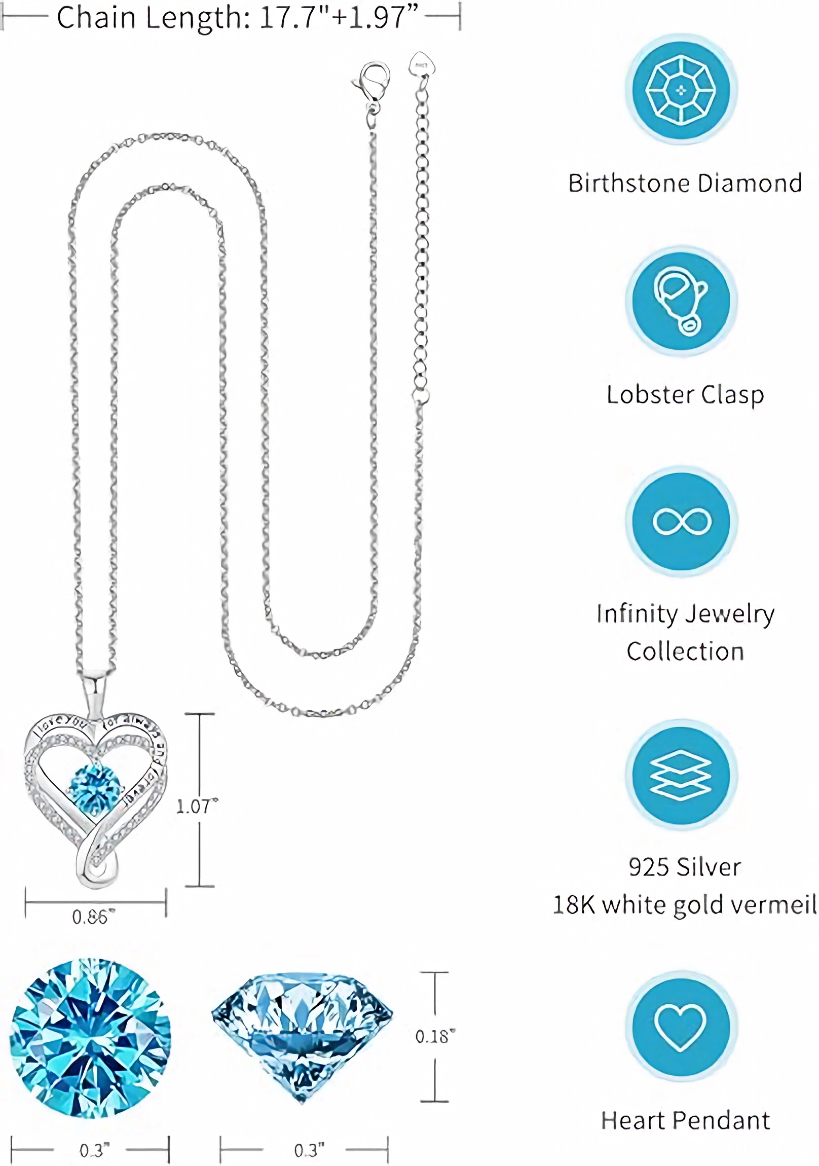 S925 Sterling Silver Infinity Love Heart Birthstone Necklace for Women Wife, Anniversary for Women Wife Birthday Gift for Her Girlfriend Mom Daughters, I Love You forever Women's Jewelry 