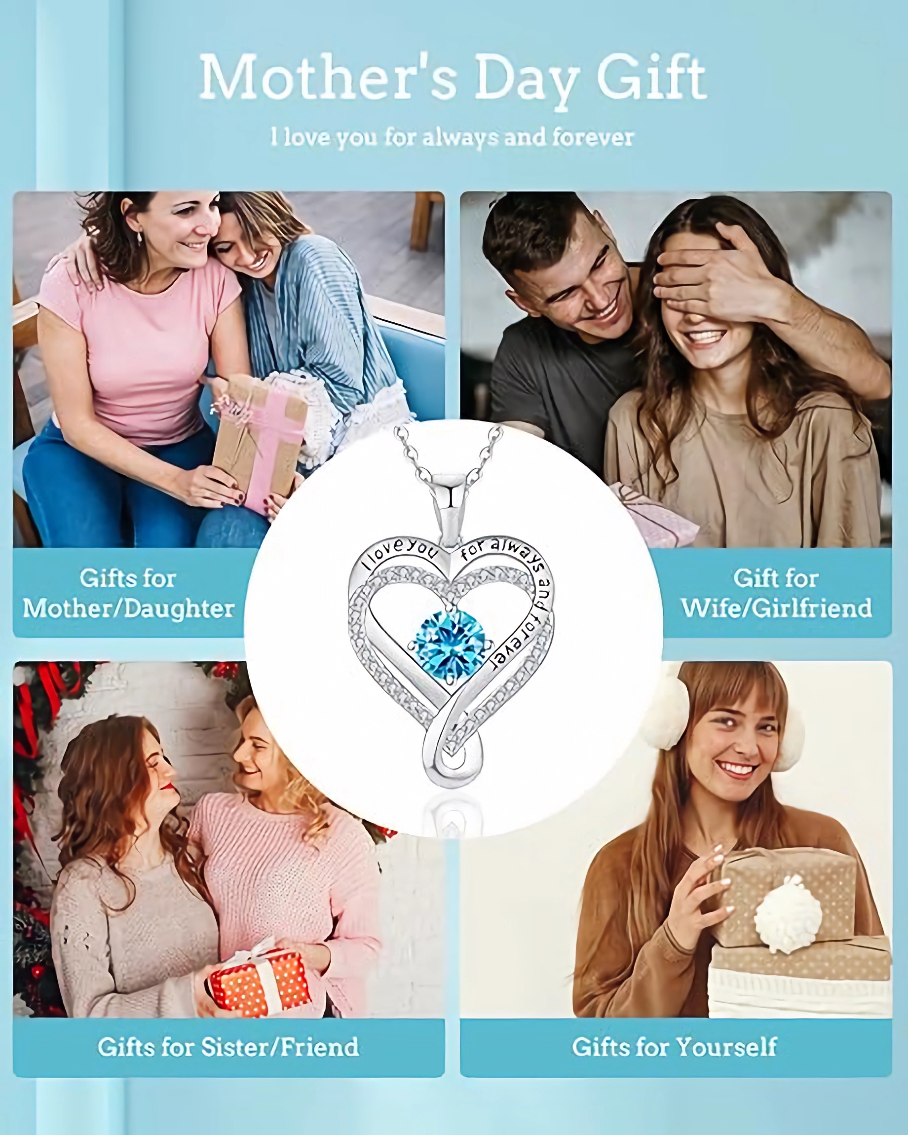 S925 Sterling Silver Infinity Love Heart Birthstone Necklace for Women Wife, Anniversary for Women Wife Birthday Gift for Her Girlfriend Mom Daughters, I Love You forever Women's Jewelry 