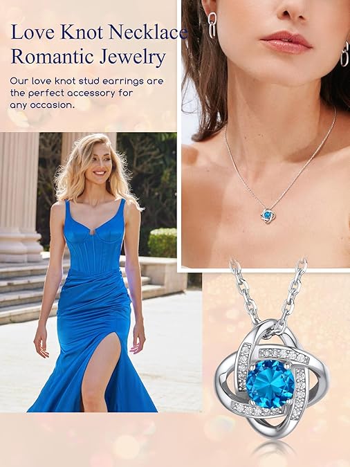 S925 Sterling Silver Love Knot Birthstone Jewelry, Love Knot Necklace， Anniversary Birthday Gifts for Women Wife Girlfriend Mom Daughter