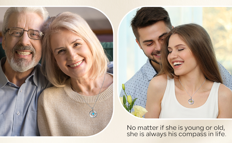 wife wearing compass necklace for anniversary