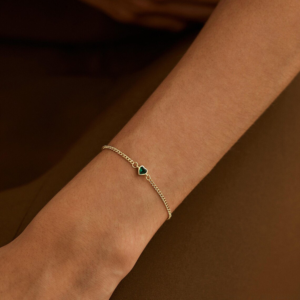 Minimalist Heart Birthstone Bracelet with Cuban Chain