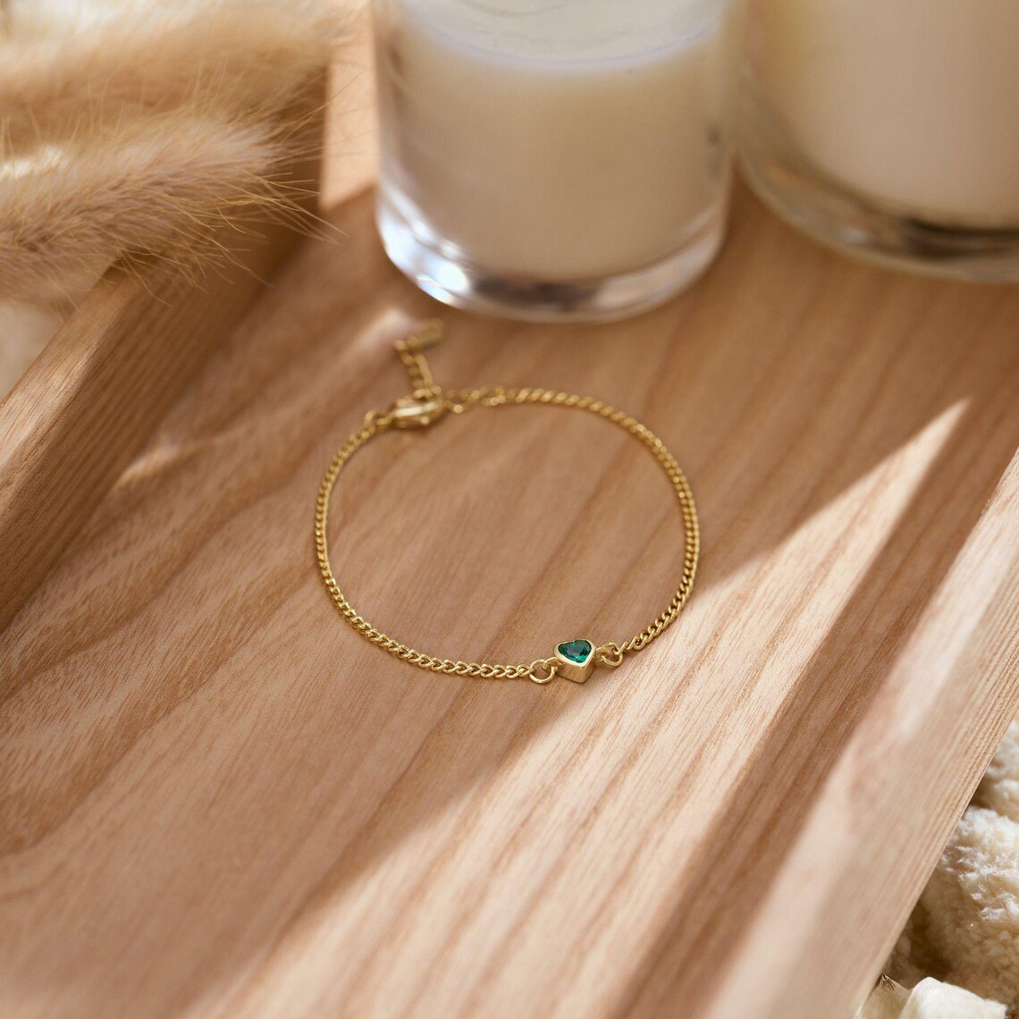Minimalist Heart Birthstone Bracelet with Cuban Chain