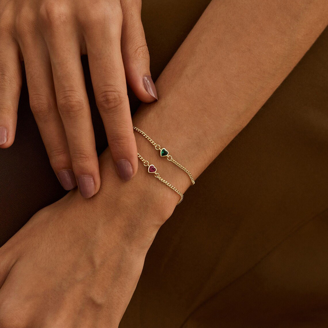 Minimalist Heart Birthstone Bracelet with Cuban Chain