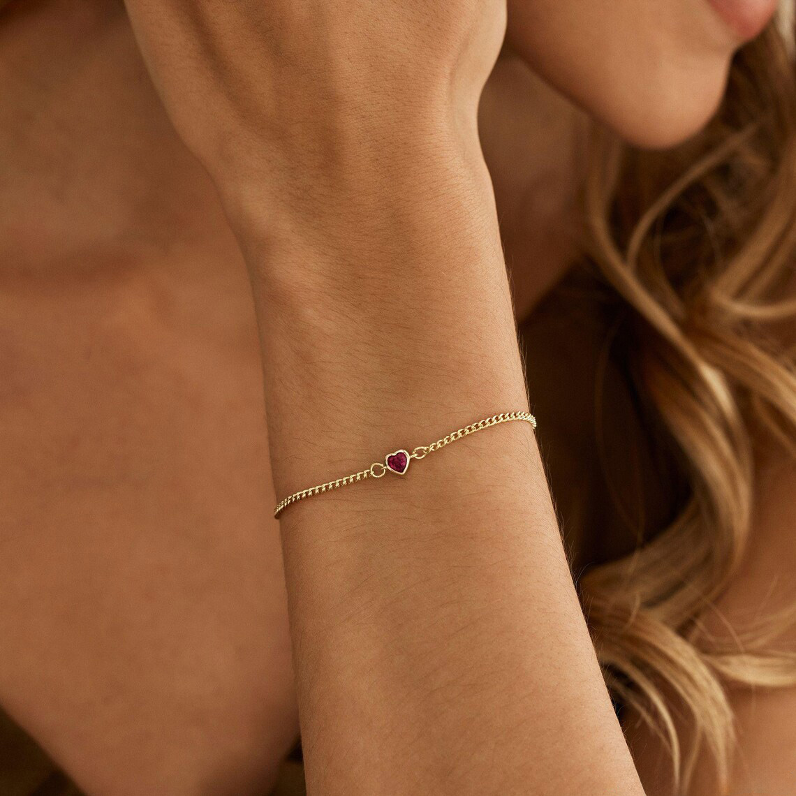 Minimalist Heart Birthstone Bracelet with Cuban Chain