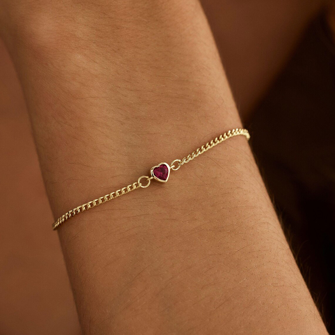 Minimalist Heart Birthstone Bracelet with Cuban Chain