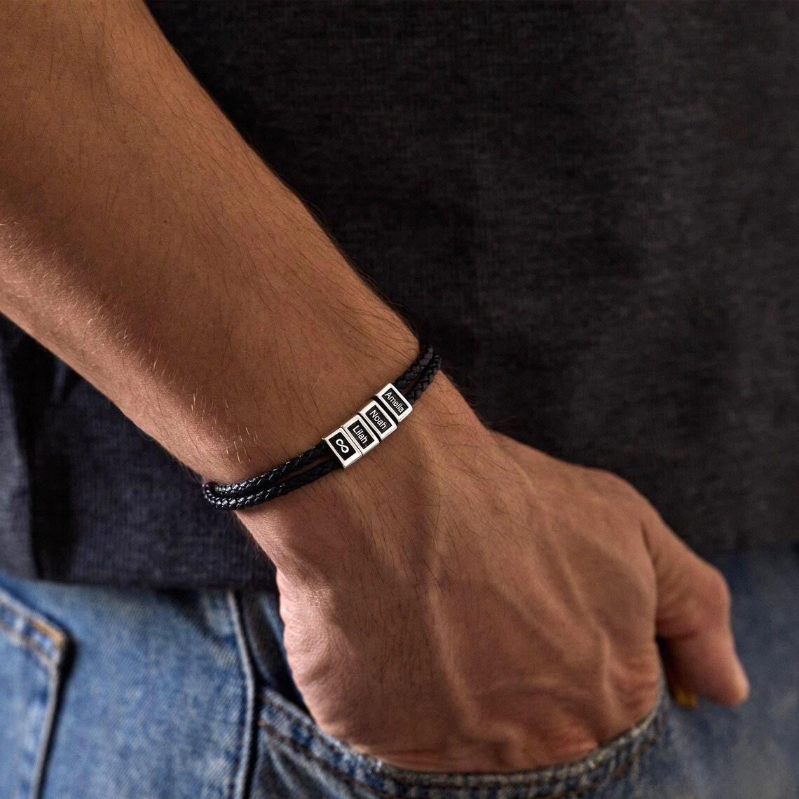 Custom Leather Bracelet with Kids Name, Mens Name Bracelet