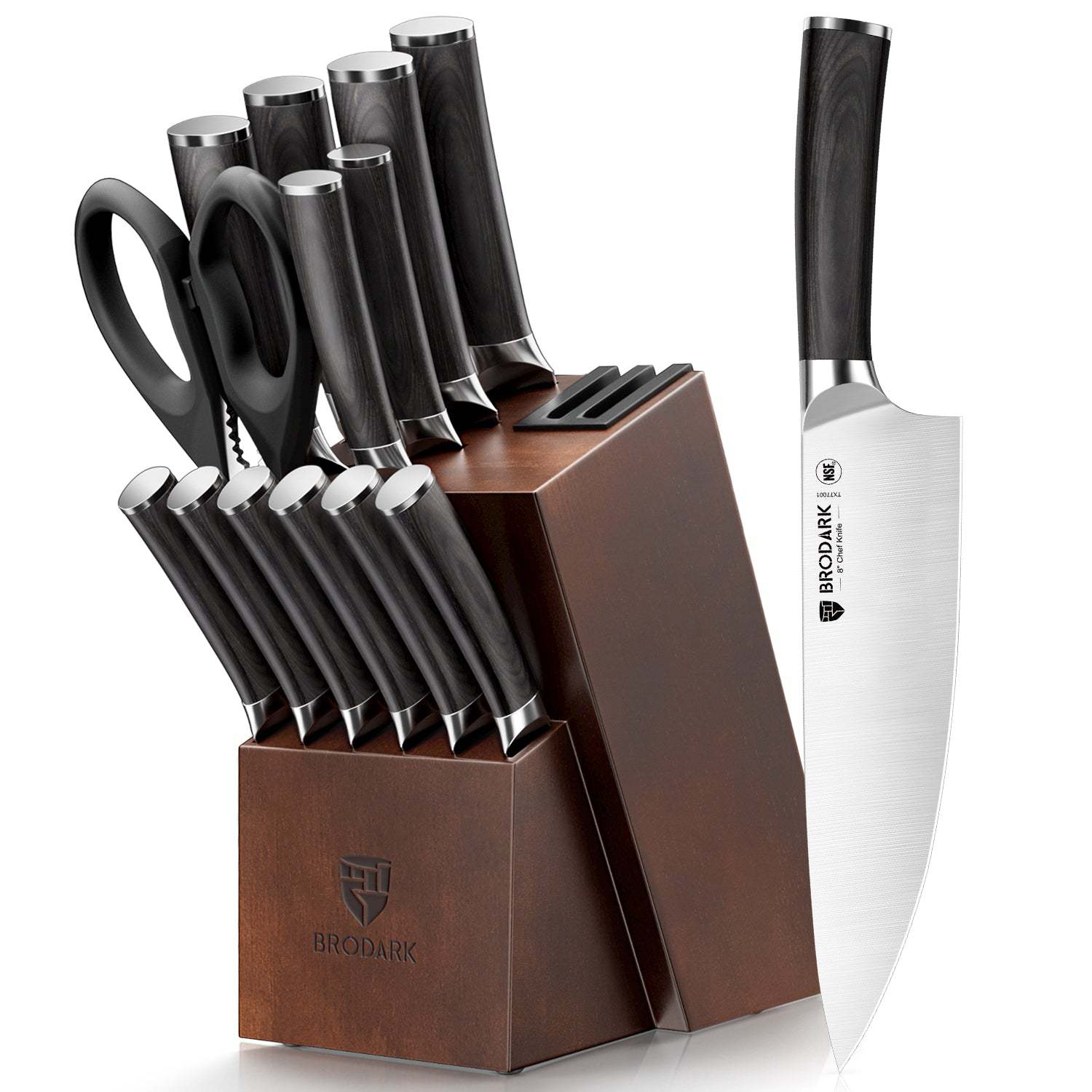 Kitchen Knife Set with Block 15PCS - Wooden Handle - Brodark