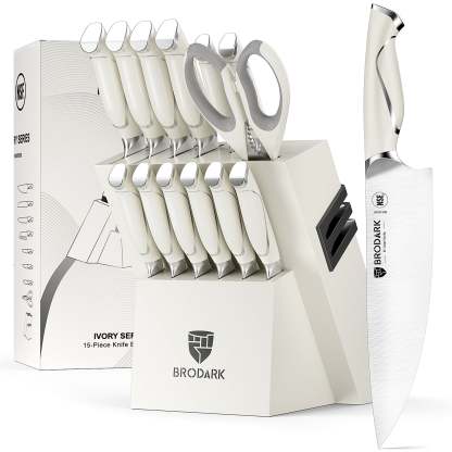 Kitchen Knife Set with Block 15PCS - Ivory Series - Brodark