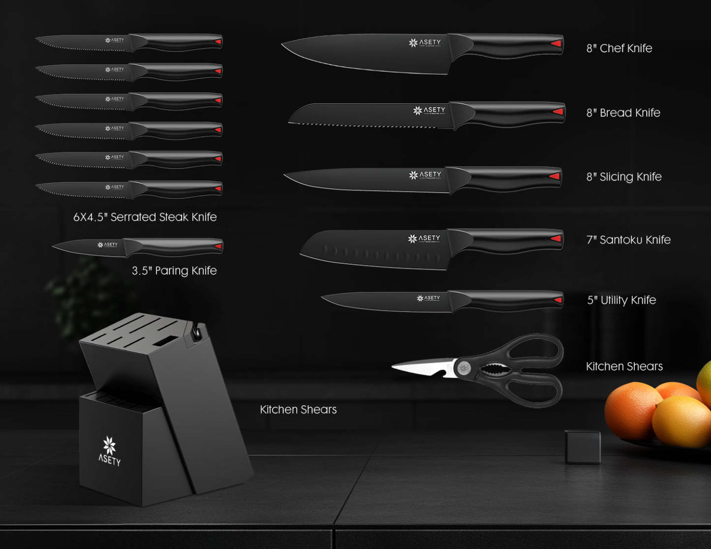 Kitchen Knife Set with Block 15PCS - Black Series - asetyhome