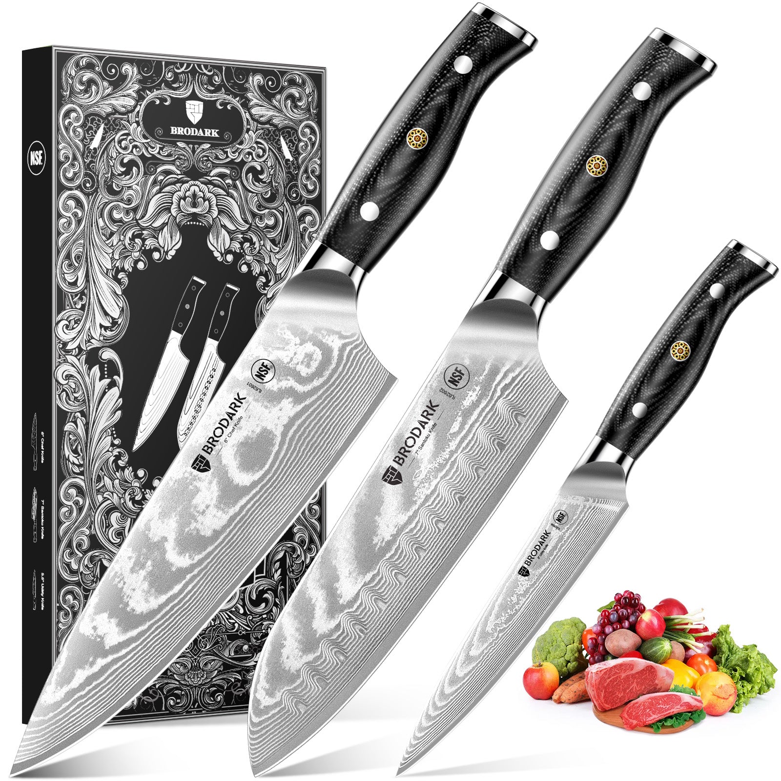 Damascus Chef Knife Set 3PCS - Brodark