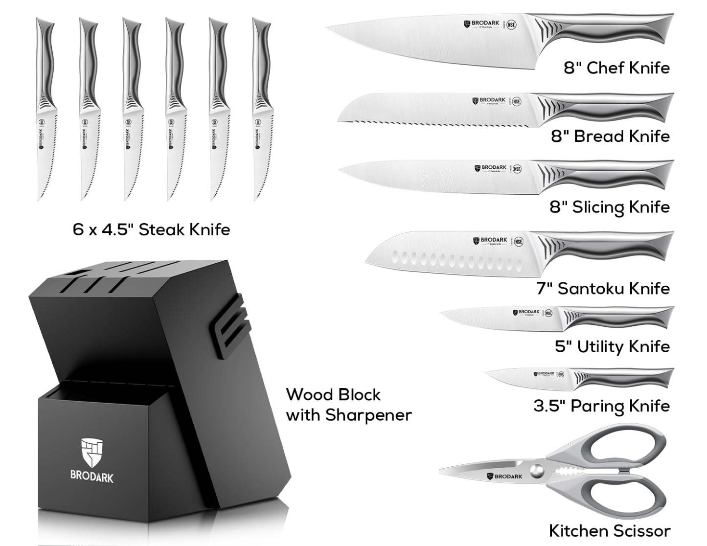 Kitchen Knife Set with Block 15PCS - Shark Series - Brodark