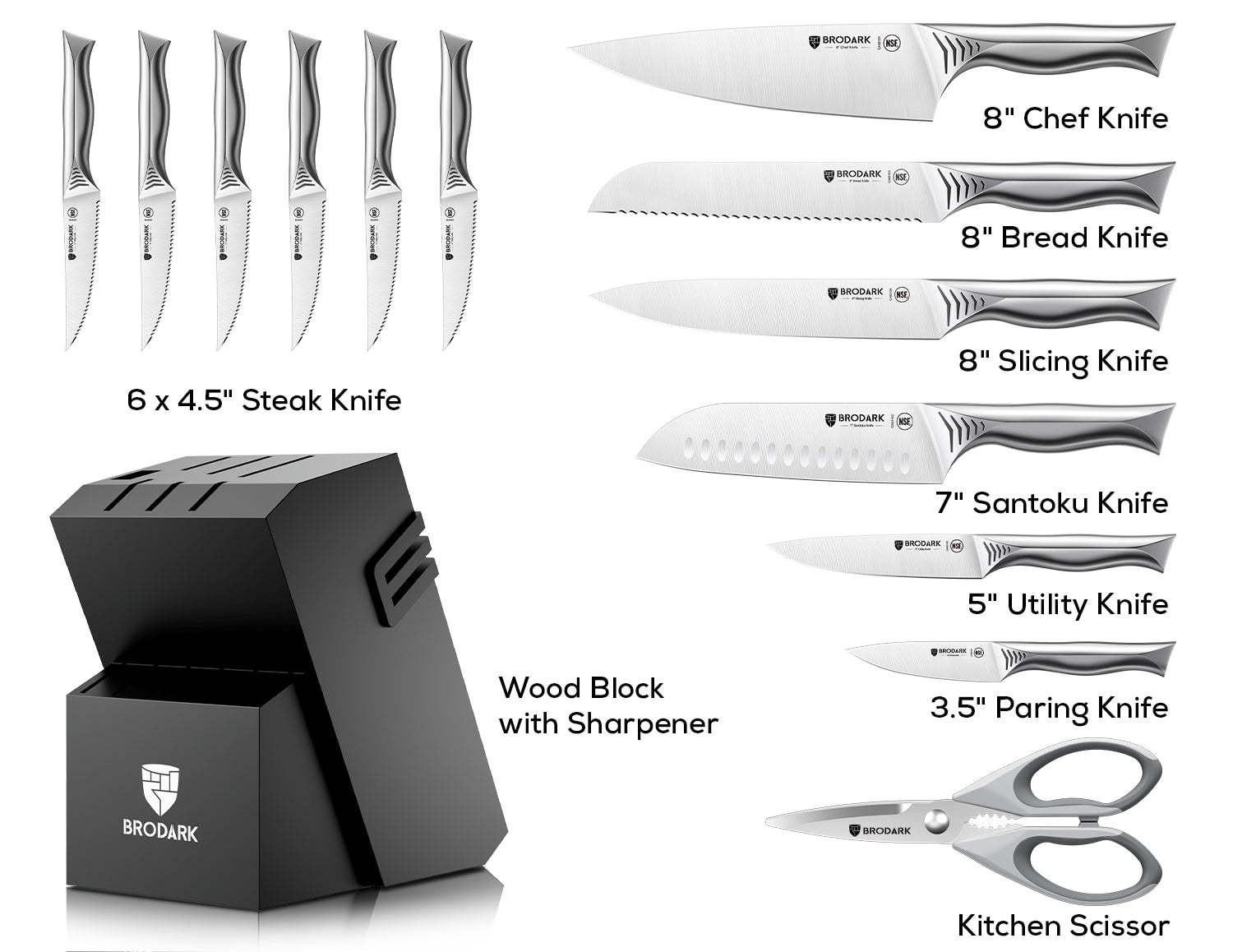 Kitchen Knife Set with Block 15PCS - Shark Series - Brodark