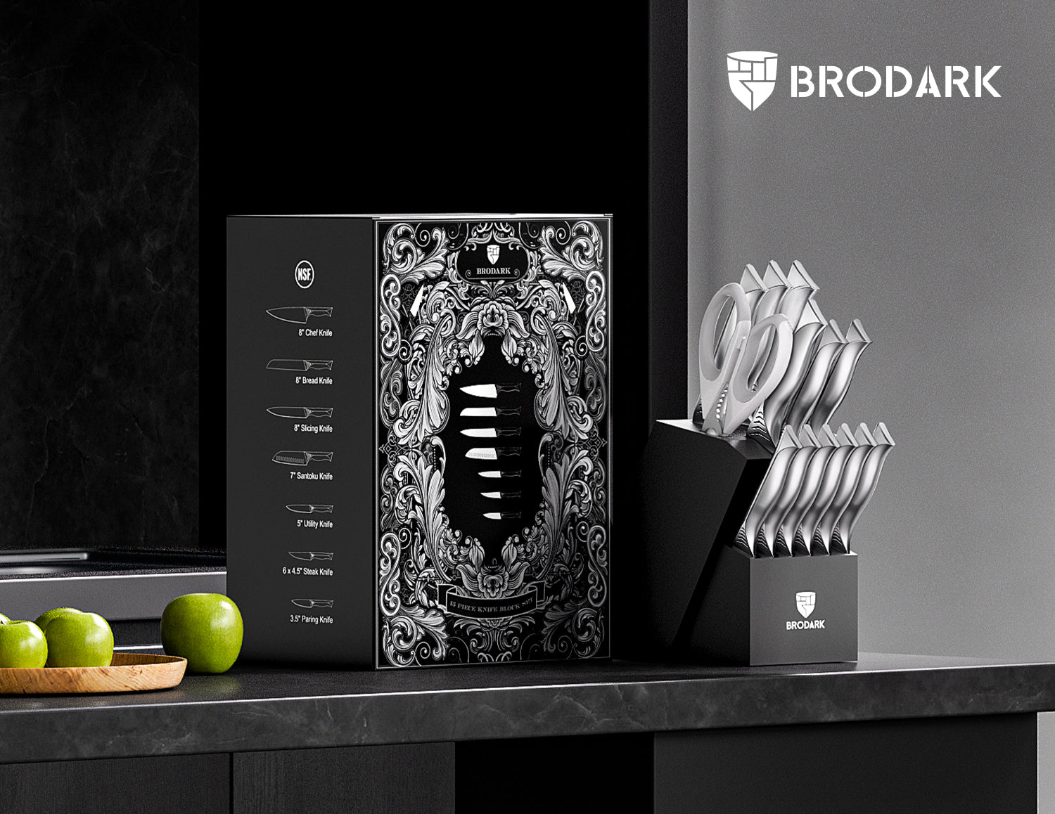 Kitchen Knife Set with Block 15PCS - Shark Series - Brodark