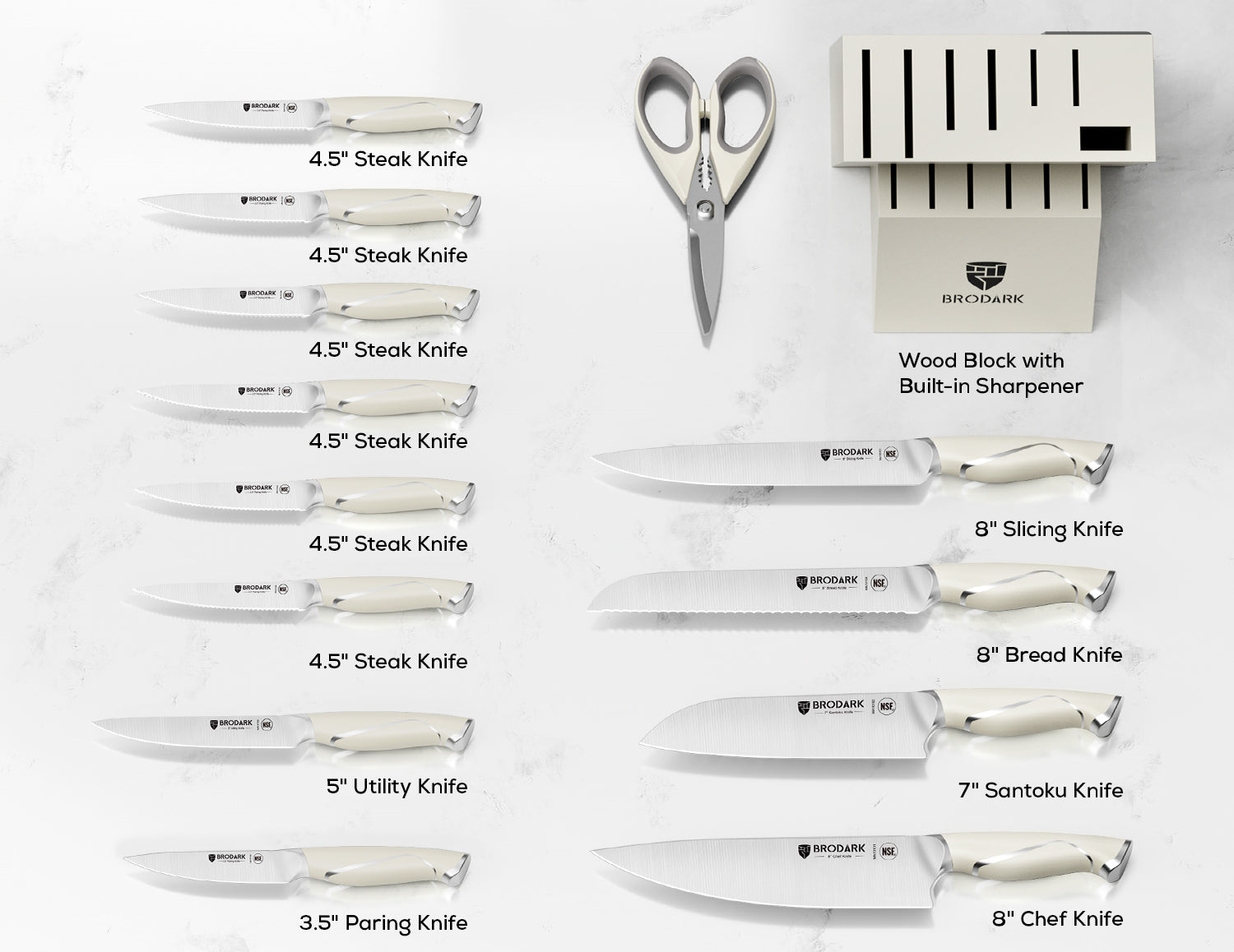 Kitchen Knife Set with Block 15PCS - Ivory Series - Brodark