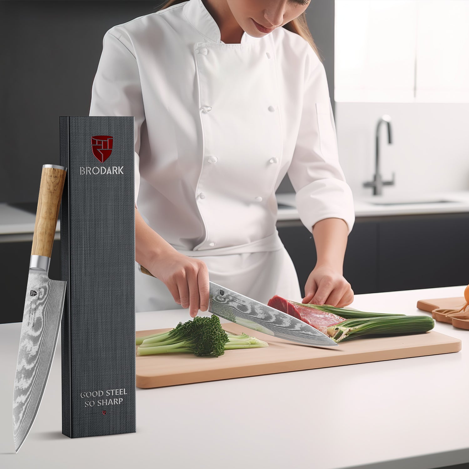 Damascus Chef Knife - Wooden Handle - Brodark