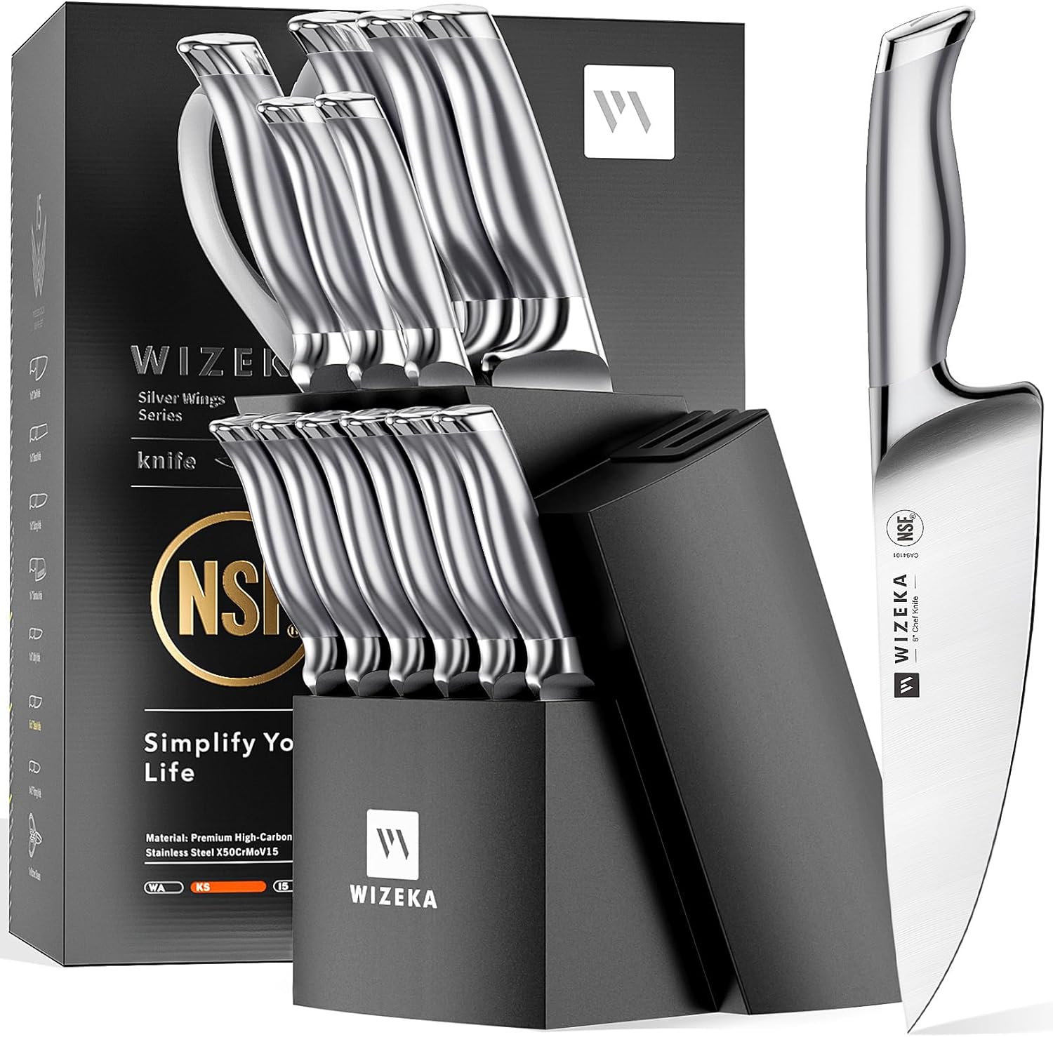 Kitchen Knife Set with Block 15PCS - Silver Wings Series - wizeka