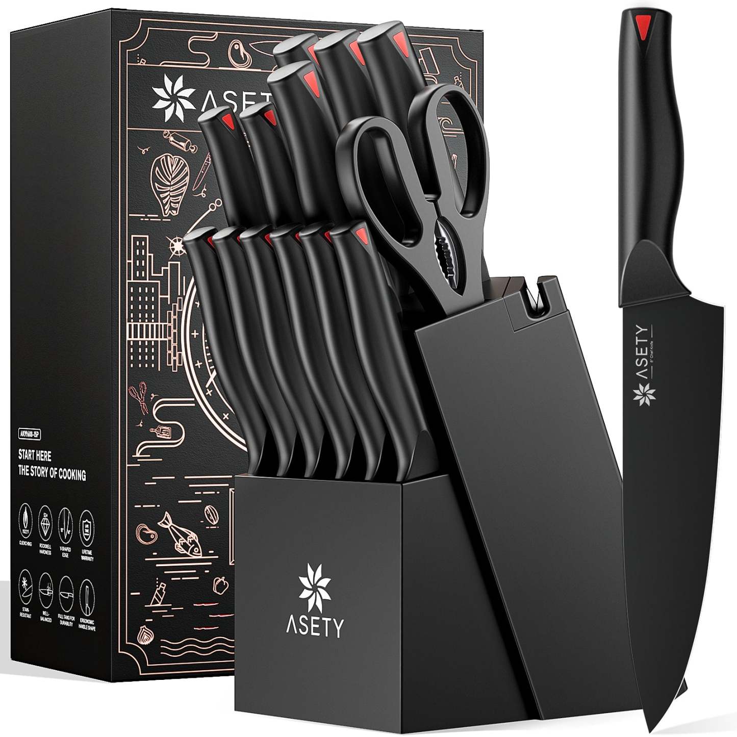 Kitchen Knife Set with Block 15PCS - Black Series - asetyhome