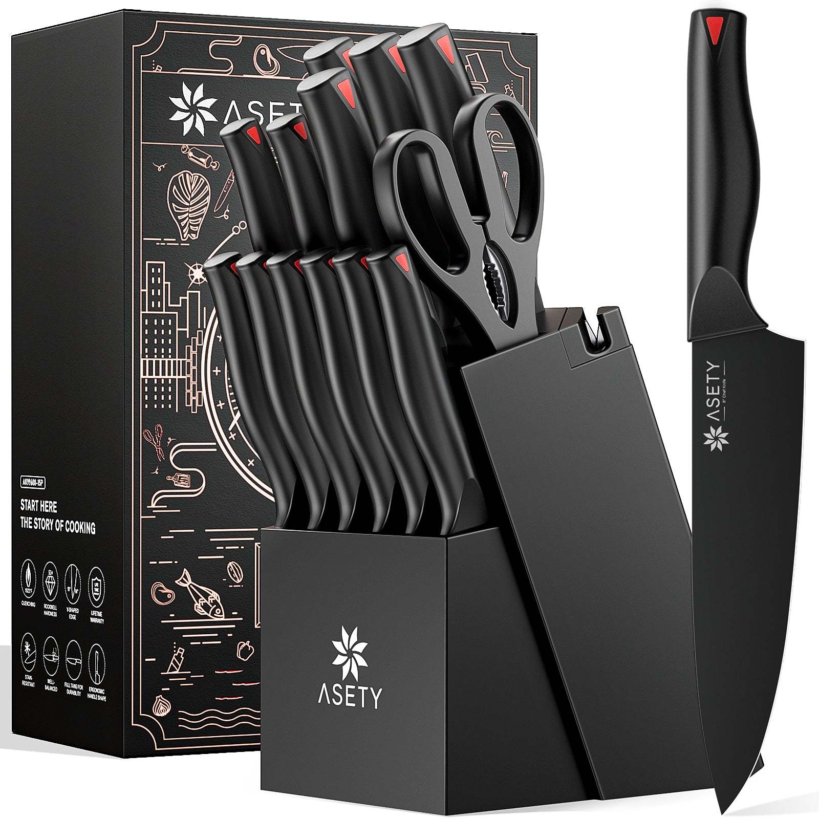 Kitchen Knife Set with Block 15PCS - Black Series - asetyhome